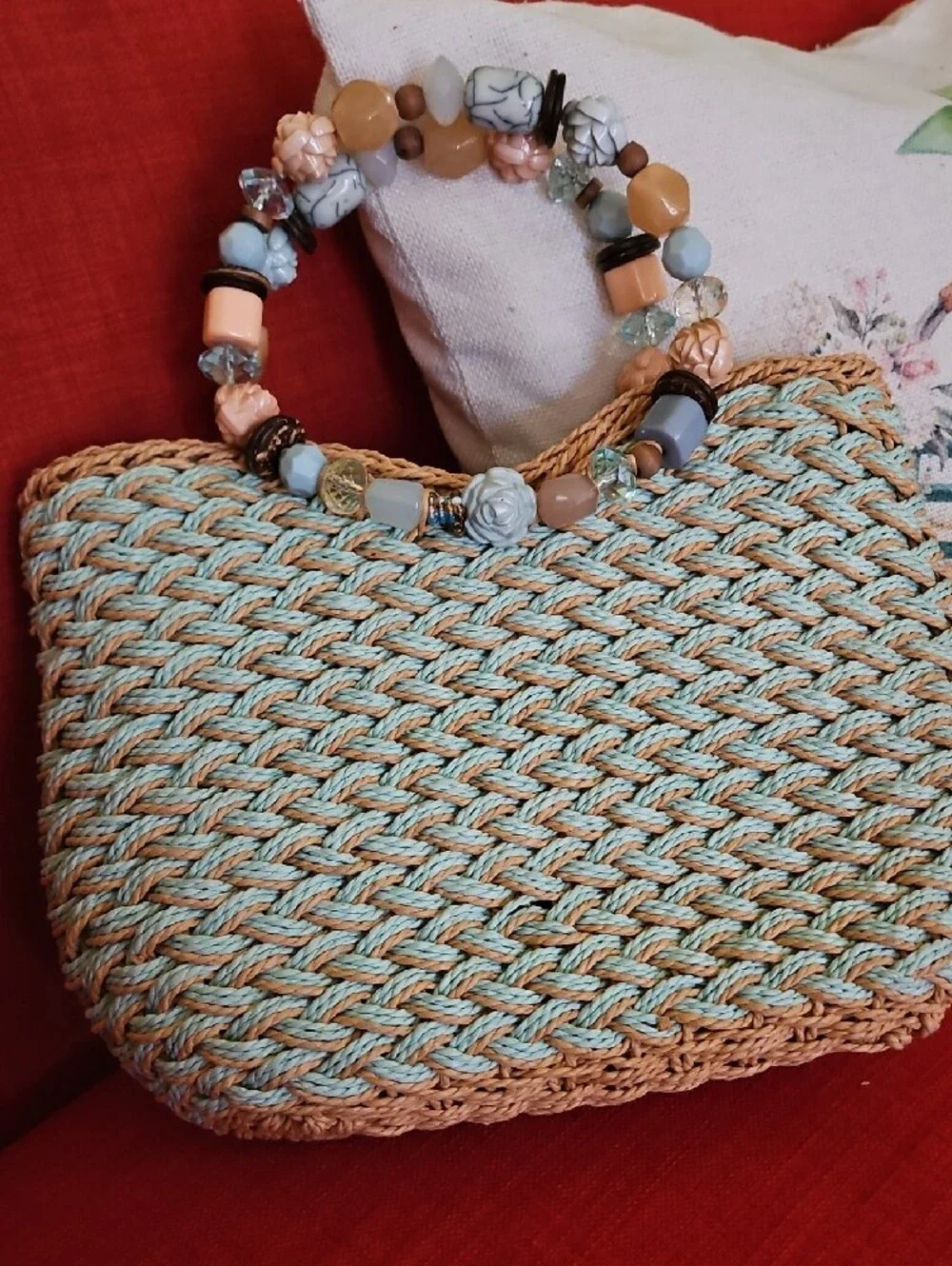 Cappelli Straworld Mint and Tan Braided Straw Tote with Beaded Handles